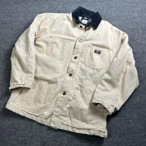 Dickies Coat Mens Large Beige Canvas Chore Workwear Corduroy Collar Snap Front